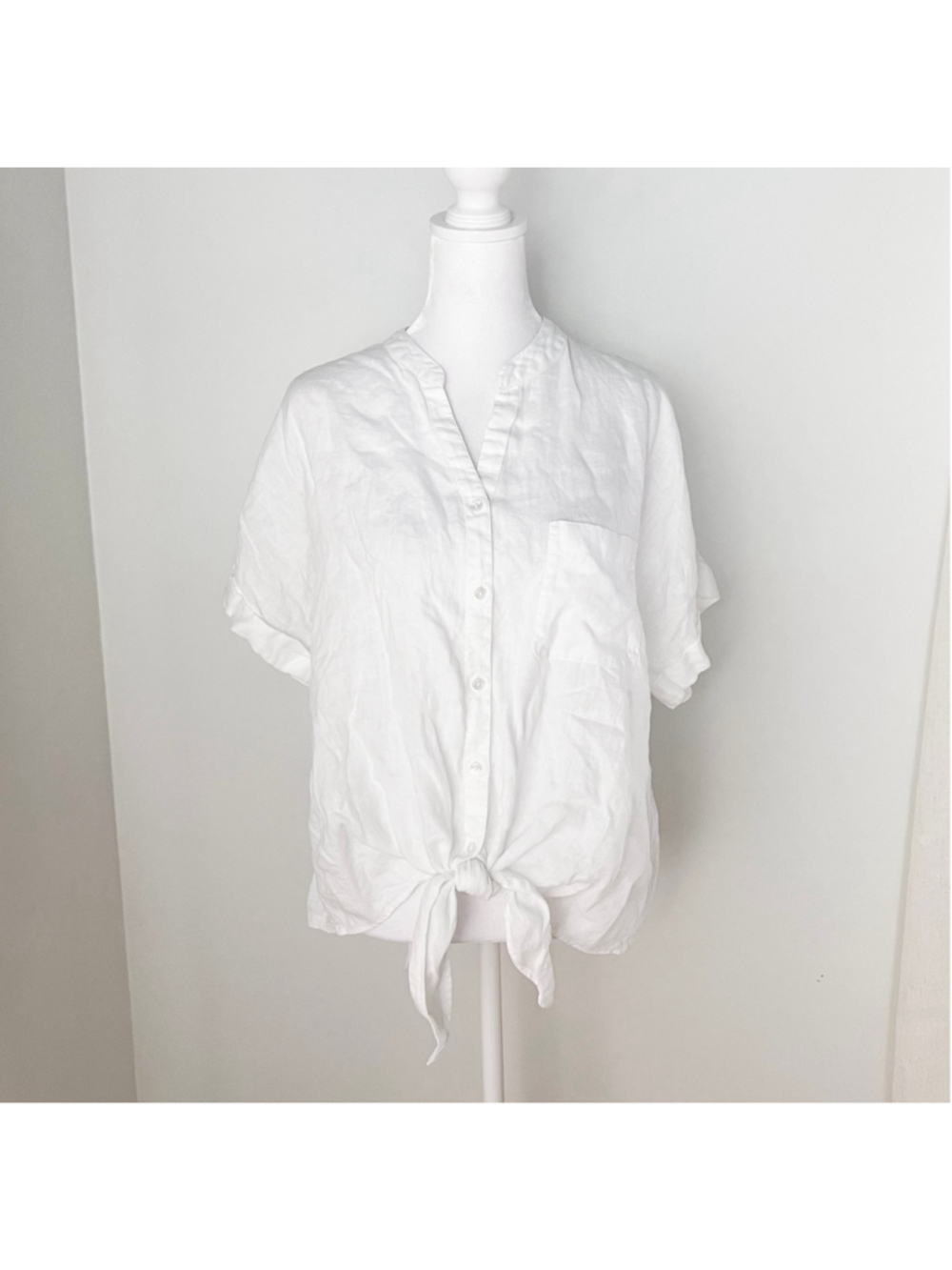Charter Club Women's White Solid V-Neck Button Front Tie Woven Linen Blouse L